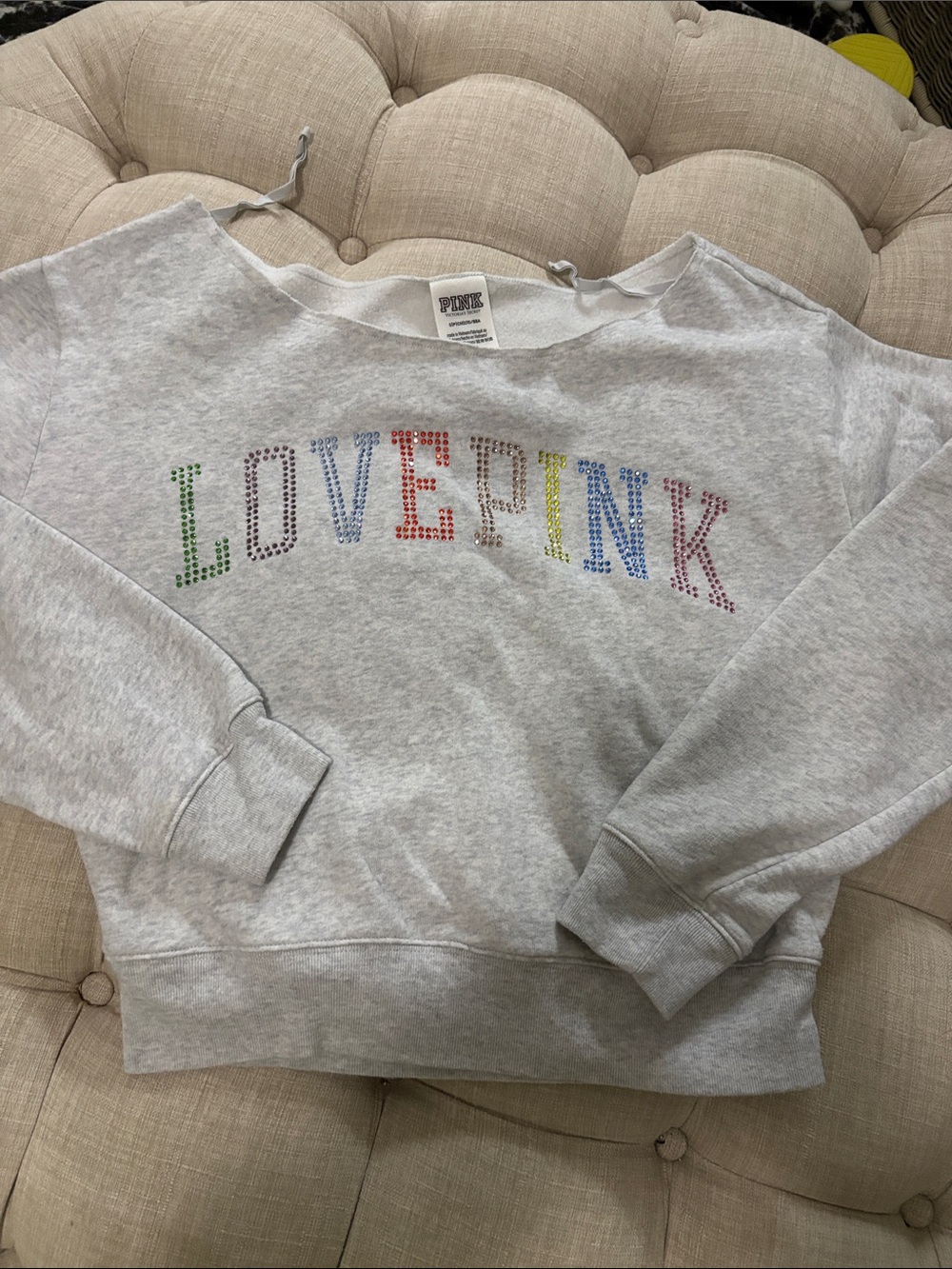 PINK Victoria's Secret Light Gray 'LOVE PINK' Rhinestone Sweatshirt